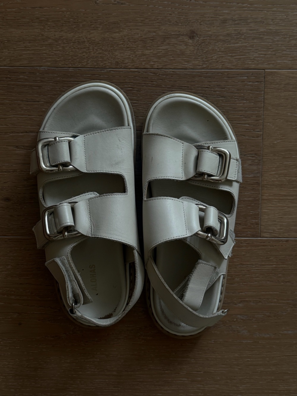 White Buckle Leather Slide Sandals
